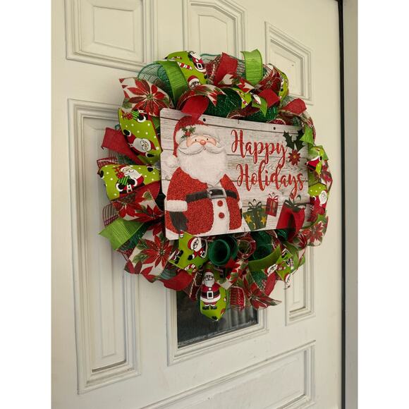 Handmade Santa Christmas Wreath Happy Holidays Sign Red Green White Ribbons xxx - Picture 6 of 7